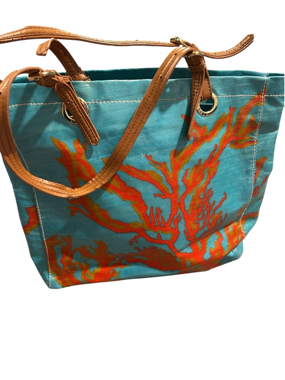 Sakroots  Turquoise Tote Bag with Orange Coral Print and Tan Straps